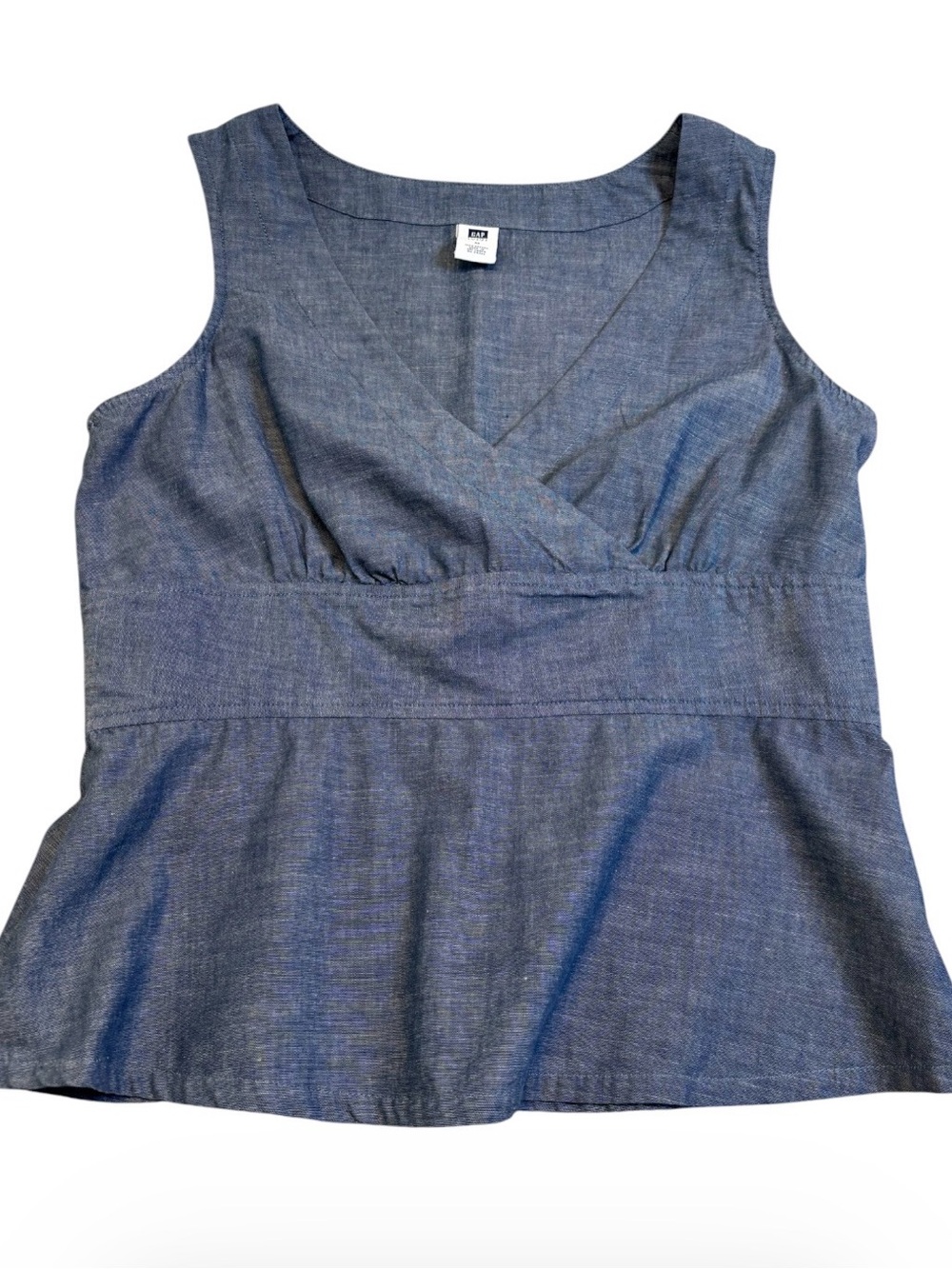 GAP Denim Chambray Peplum Tank Top Faux Wrap Blue Cotton Size Medium M EUC